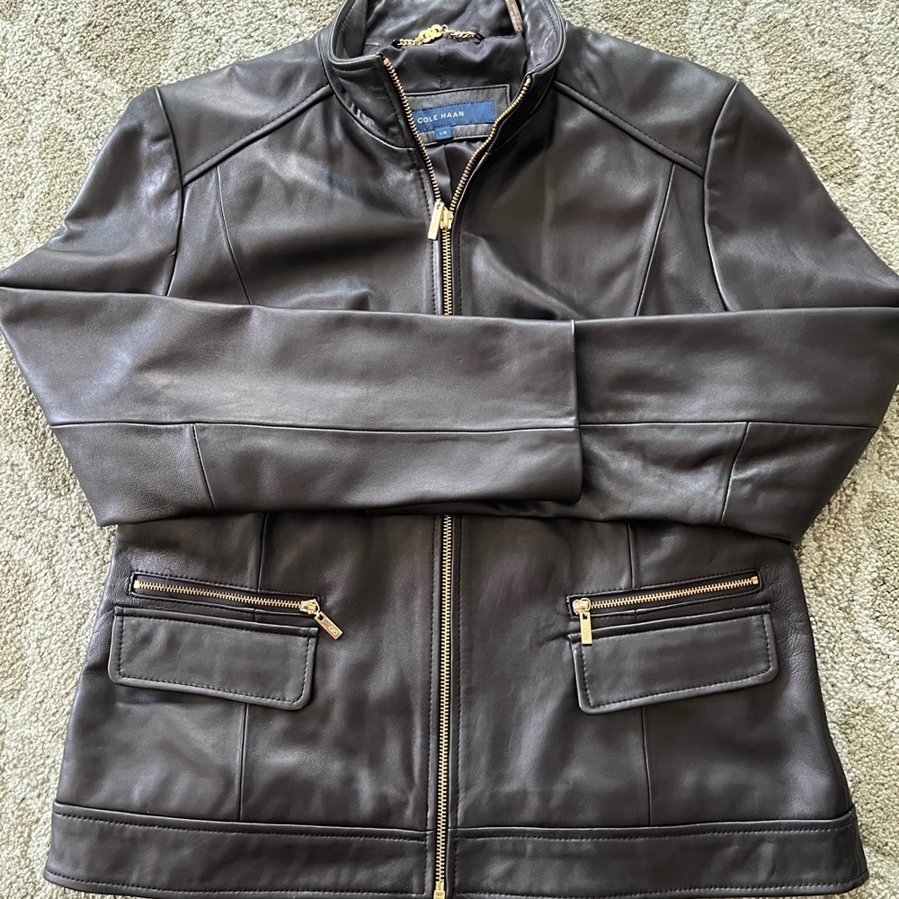 Like New Cole Haan Leather Jacket w/Gold zippers Large